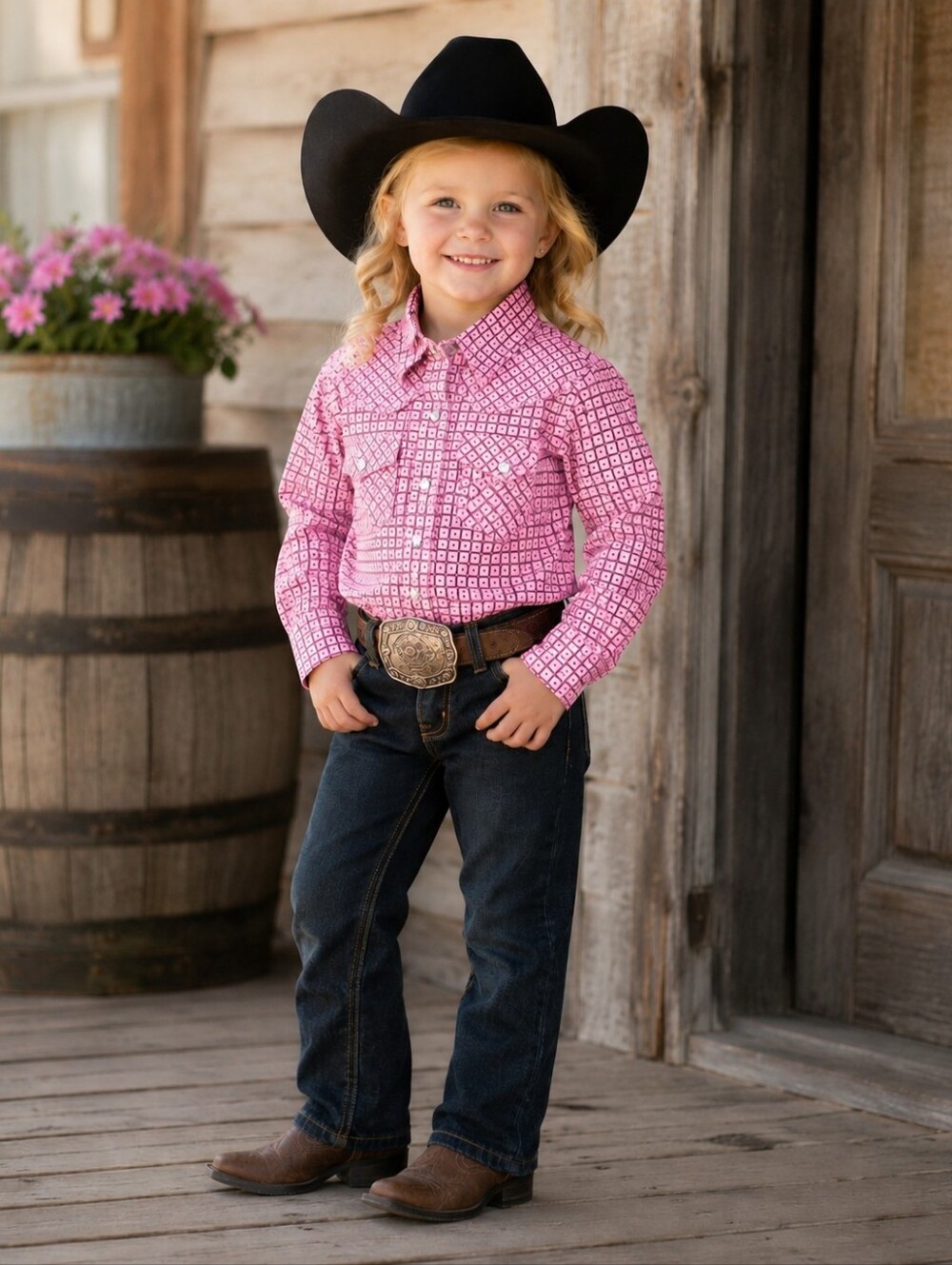 CRUEL GIRL girls rodeo cowgirl western LS shirt Pink with Black squares sz 3T